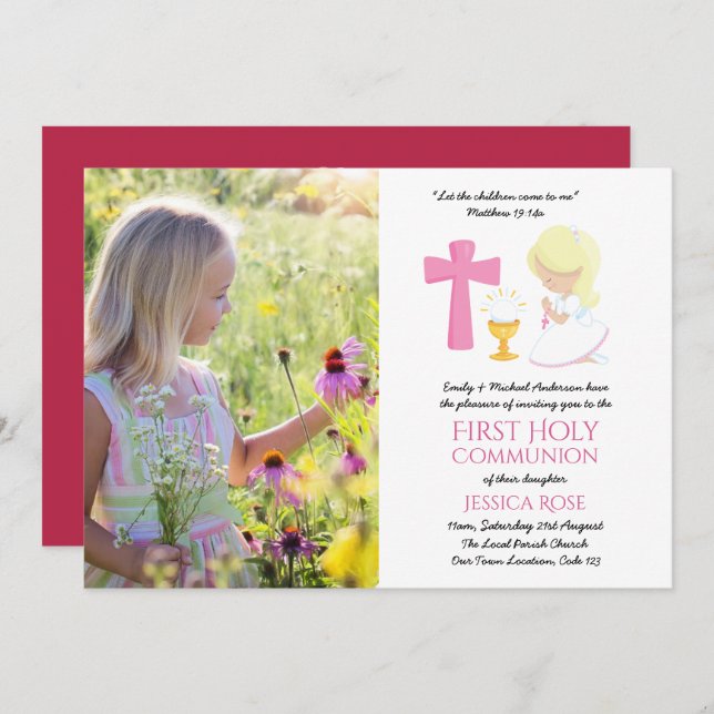 Convite FOTO Primeira Sagrada Comunhão Convida Menina BLON (Frente/Verso)