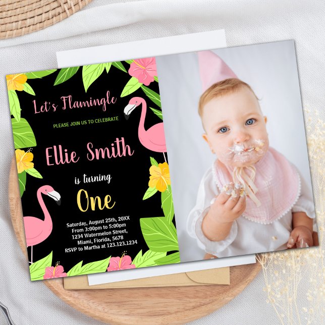 Convite Foto Primeiro Aniversário do Flamingo Verde Negro (Photo First Black Green Flamingo Birthday Invitation)