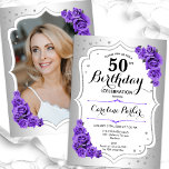 Convite Foto Púrpura Púrpura Elegante Prateada 50º Anivers<br><div class="desc">Elegante convite floral feminino de 50 anos com sua foto no final do cartão. Glam design com falso prata. Possui rosas roxos, fonte de script e confetti. Perfeito para uma festa de comemoração de na moda adulto. Personalize com seus próprios detalhes. Pode ser personalizado para qualquer idade! Impressos convites Zazzle...</div>