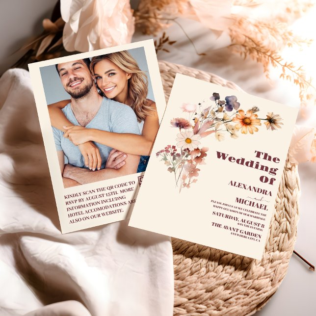 Convite Foto QR Código Boho Autumn Wildflower Weding (Criador carregado)