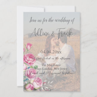 Convite Foto QR Código Watercolor Pink Rose Casamento