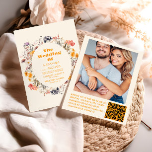 Convite Foto QR Código Wildflower Wreath Greenery Casament
