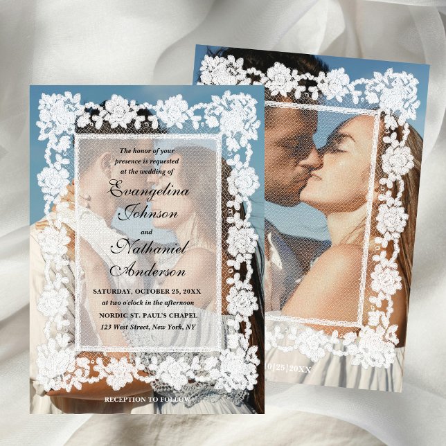 Convite Foto Quadro de Renda Atemporal Casamento Formal (Criador carregado)
