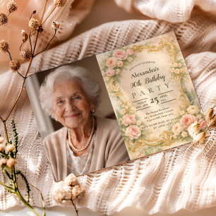 Convite Foto Quadro Floral Barroco Elegante 90º Aniversári