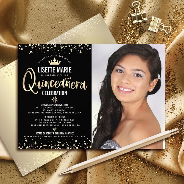 Convite Foto Quinceañera Black Glitter Girly Tiara (Criador carregado)