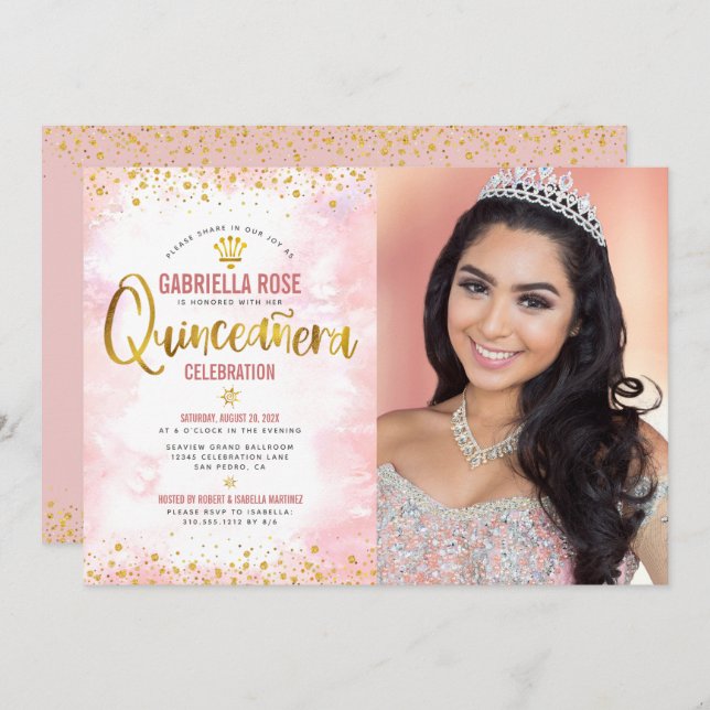 Convite Foto Quinceañera Blush Dourado Glitter Tiara (Frente/Verso)