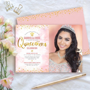 Convite Foto Quinceañera Blush Dourado Glitter Tiara
