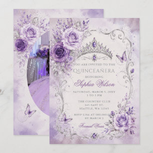 Convite Foto Quinceañera Borboleta Floral Roxo Prata