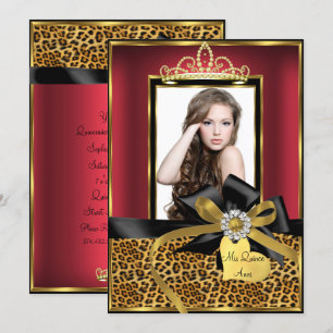 Convite Foto Quinceanera com Impressão de Leopardo Vermelh