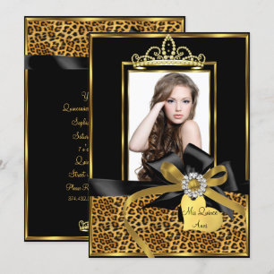 Convite Foto Quinceanera Dourada e Preta com Estampa de Le