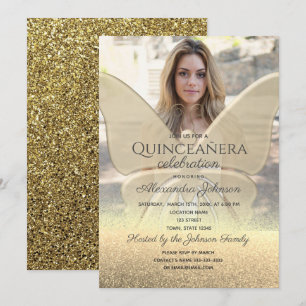 Convite Foto Quinceanera Glitter Borboleta Dourada