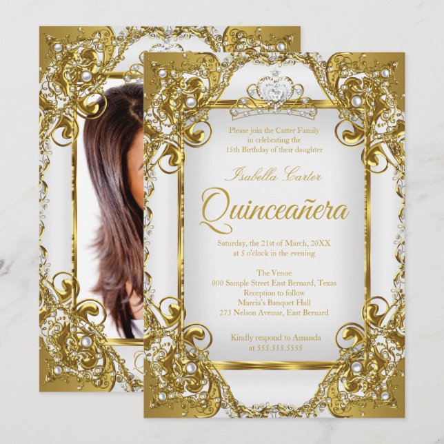 Convite Foto Quinceanera Ouro Branco Pearl Tiara (Frente/Verso)