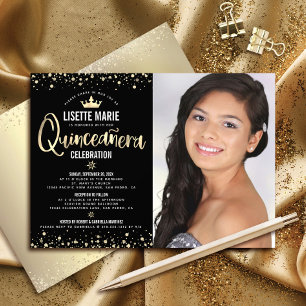 Convite Foto Quinceañera Preto Dourado Brilho Coroa de Pri