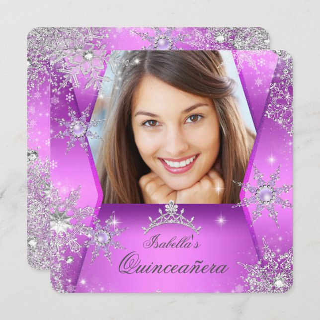 Convite Foto Quinceanera Purple Pink Winter Wonderland (Frente/Verso)