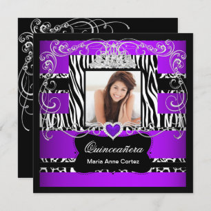 Convite Foto Quinceanera Purple White Zebra Cow