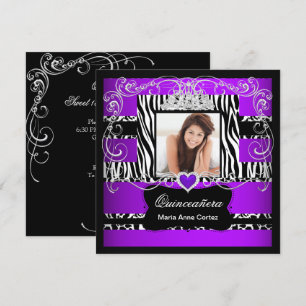 Convite Foto Quinceanera Roxo Branco Preto Zebra Vaca