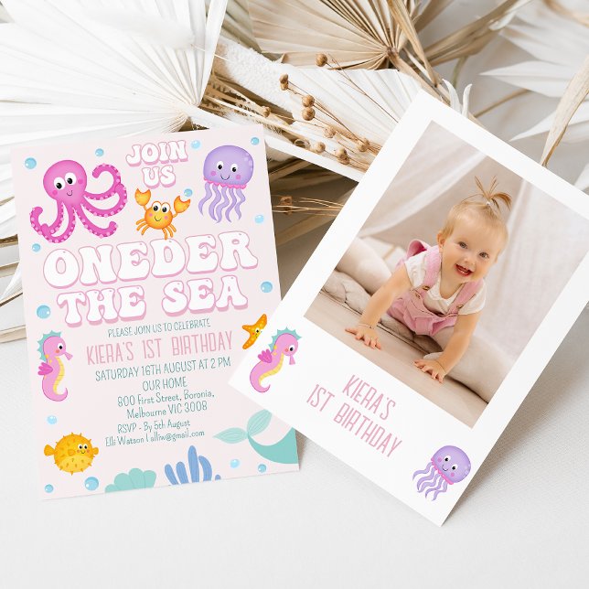 Convite Foto: Raparigas Rosa Debaixo Do Mar Primeiro Anive (Oneder the Sea 1st Birthday Invitation Template Girl Photo Under the Sea 1st Birthday Invitation )