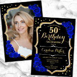 Convite Foto Real Azul Preta, Dourada, 50º aniversário<br><div class="desc">Elegante convite de 50 anos florais com sua foto no fundo do cartão. Design azul brilhante e preto real com ouro brilhante. Apresenta rosas azuis de safira, fonte de script e confetti. Perfeito para uma festa de comemoração de na moda adulto. Personalize com seus próprios detalhes. Pode ser personalizado para...</div>