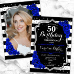 Convite Foto Real Blue Black Silver 50º aniversário<br><div class="desc">Elegante convite floral feminino de 50 anos com sua foto no final do cartão. Design azul real branco preto-claro com cinza azul escura. Apresenta faixas pretas e brancas, rosas azuis safiras, fontes de script e confetti. Perfeito para uma festa de comemoração de na moda adulto. Personalize com seus próprios detalhes....</div>