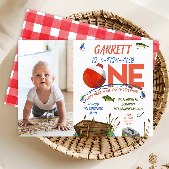 Convite Foto Red Blue Boat Ofishally Um primeiro aniversar (Boys Ofishally One 1st Birthday Invitation Template, Printable Fishing 1st Birthday Invite)