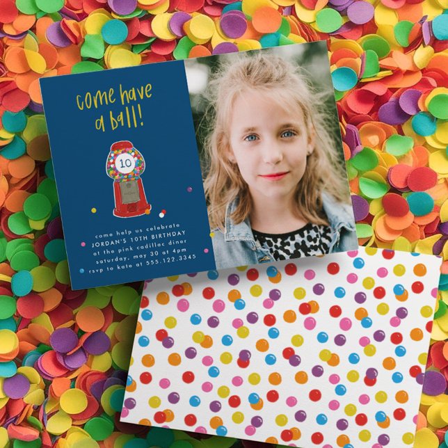 Convite Foto: Red Gumball Machine Candy Bubble Party (Photo Red Gumball Machine Candy Bubble Gum Party Invitation)