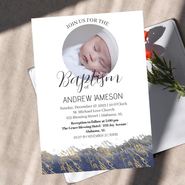 Convite Foto redonda azul-cristão elegante | Batismo (Criador carregado)
