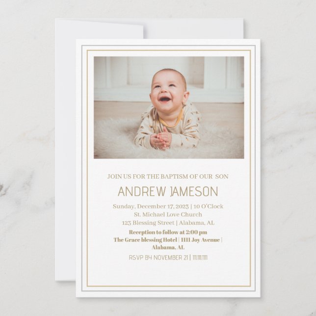 Convite Foto redonda Dourada cristã elegante | Batismo (Frente)