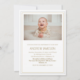 Convite Foto redonda Dourada cristã elegante   Batismo