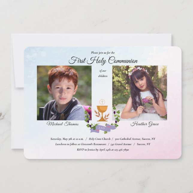 Convite Foto religiosa azul e rosa (Frente)