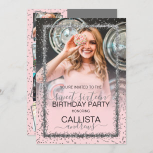 Convite Foto Retirada Rosa Silver Confetti Border Sweet 16