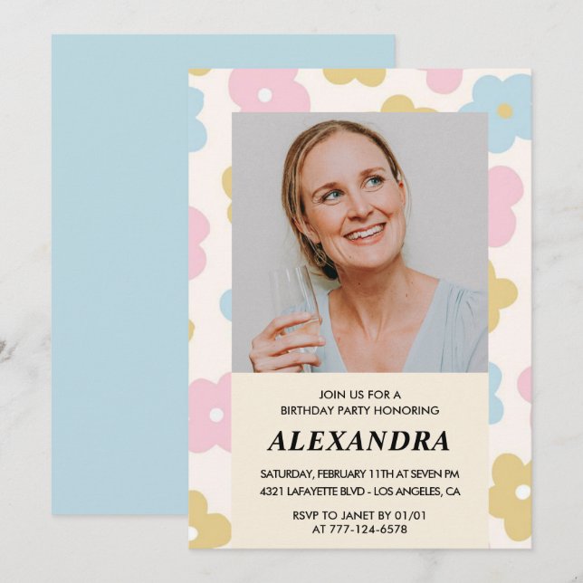 Convite Foto Retro Floral Padrão 61rua aniversário (Frente/Verso)