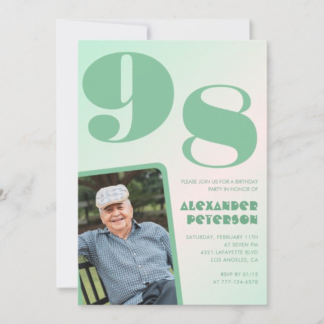 Convite Foto retrô gradiente verde Homem aniversário de 98 (Frente)
