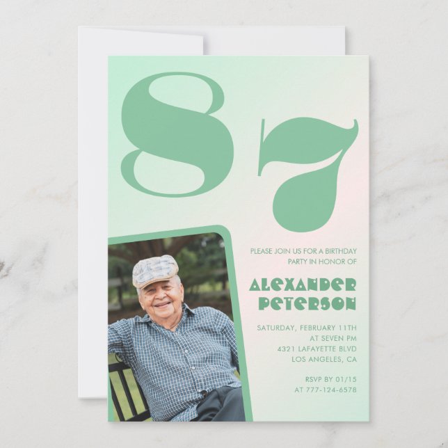 Convite Foto Retro Green Gradient Man 87.º aniversário (Frente)