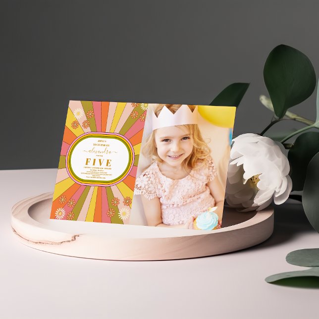 Convite Foto Retro Groovy 70's Themed Aniversário de crian (Criador carregado)