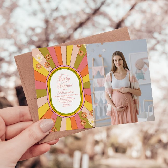 Convite Foto Retro Groovy 70's Themed Chá de fraldas (Criador carregado)