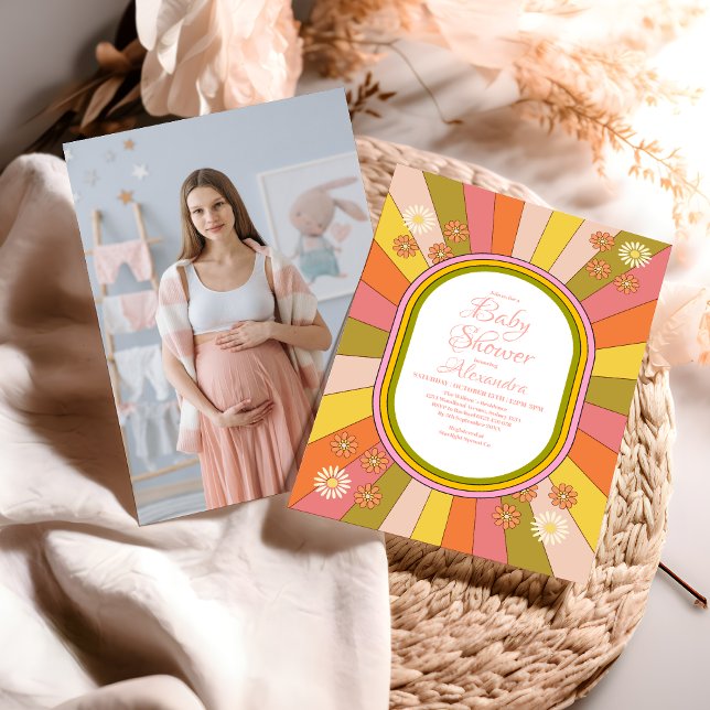 Convite Foto Retro Groovy 70's Themed Chá de fraldas (Criador carregado)