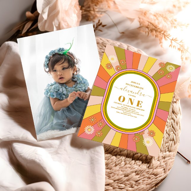 Convite Foto Retro Groovy 70's Themed primeiro aniversario (Criador carregado)