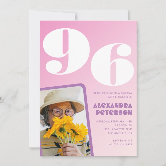 Convite Foto Retro Pink 96.º aniversário (Frente)