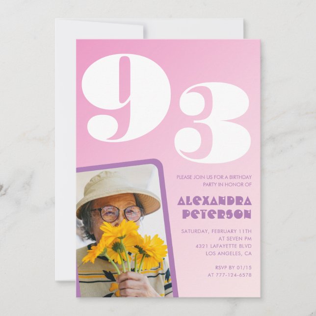 Convite Foto Retro Rosa 93º aniversário (Frente)
