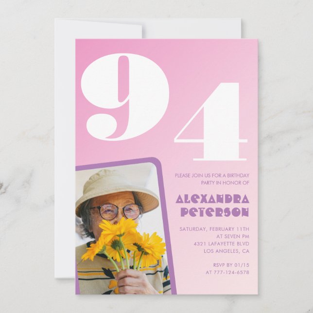 Convite Foto Retro Rosa aniversário de 94 anos (Frente)