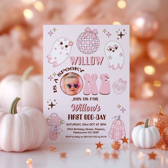 Convite Foto Retrorna Pink Halloween Spooky Um primeiro an (Spooky One Birthday Invitation Pink Template, Halloween 1st Birthday Invitation Retro, Spooky One )