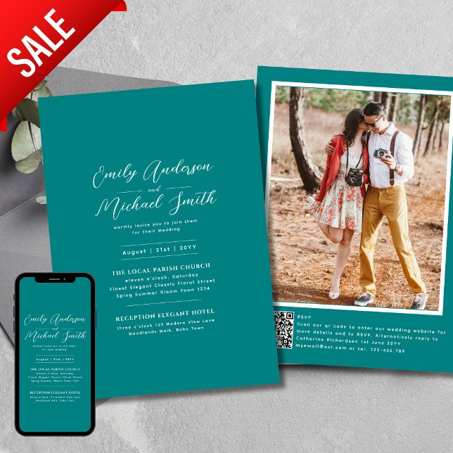 Convite Foto Romântica Do Teal Qr Code Rsvp Casamento (Criador carregado)