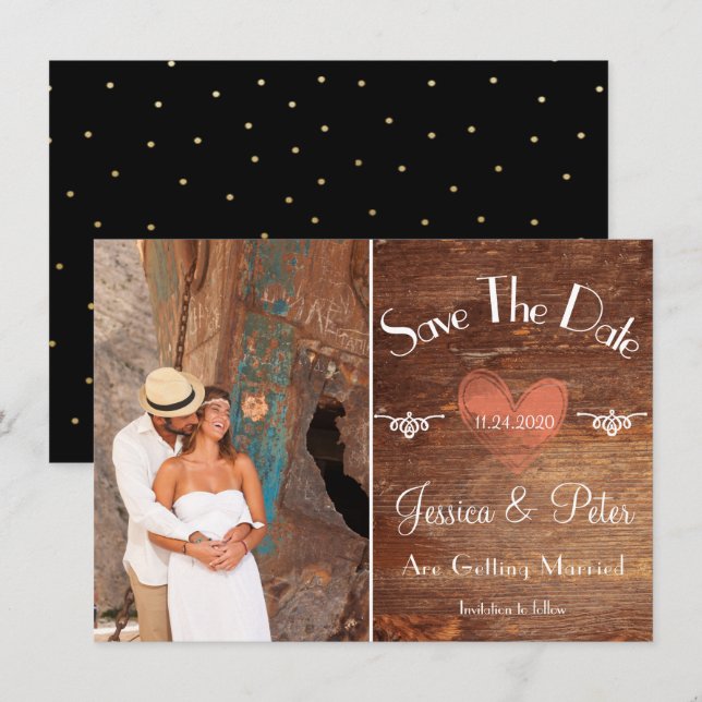 Convite Foto Romântica Rústica Coração e Madeira Save The  (Frente/Verso)