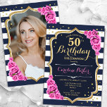 Convite Foto rosa azul marinho 50º aniversário<br><div class="desc">Elegante convite floral feminino de 50 anos com sua foto no final do cartão. Design de cor rosa branca com marinho brilhante com ouro brilhante falso. Apresenta faixas marinho azul e branca, rosas cor-de-rosa-bebê, fonte de script e confetti. Perfeito para uma festa de comemoração de na moda adulto. Personalize com...</div>