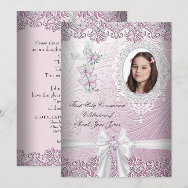 Convite Foto Rosa Bonito da Primeira Comunhão (Frente/Verso)