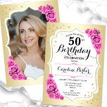 Convite Foto rosa branca e rosa branca elegante 50º aniver<br><div class="desc">Elegante convite floral feminino de 50 anos com sua foto no final do cartão. Design com ouro falso. Possui rosas cor-de-rosa, fonte de script e confetti. Perfeito para uma festa de comemoração de na moda adulto. Personalize com seus próprios detalhes. Pode ser personalizado para qualquer idade! Impressos convites Zazzle ou...</div>