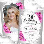 Convite Foto rosa branca-rosa-prata Elegante 50º aniversár<br><div class="desc">Elegante convite floral feminino de 50 anos com sua foto no final do cartão. Glam design com falso prata. Possui rosas cor-de-rosa, fonte de script e confetti. Perfeito para uma festa de comemoração de na moda adulto. Personalize com seus próprios detalhes. Pode ser personalizado para qualquer idade! Impressos convites Zazzle...</div>