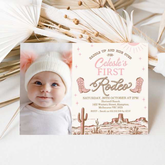 Convite Foto: Rosa Castanho Cowgirl Primeiro primeiro aniv (Girls First Rodeo Birthday Invitation Template, Photo Pink Brown Rodeo Birthday Invitation, Any Age)