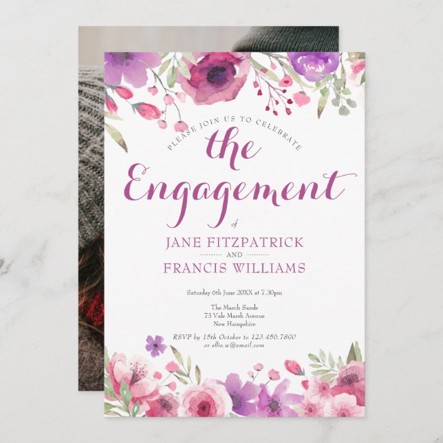 Convite Foto Rosa de Aquarela Festa de noivado Floral (Frente/Verso)