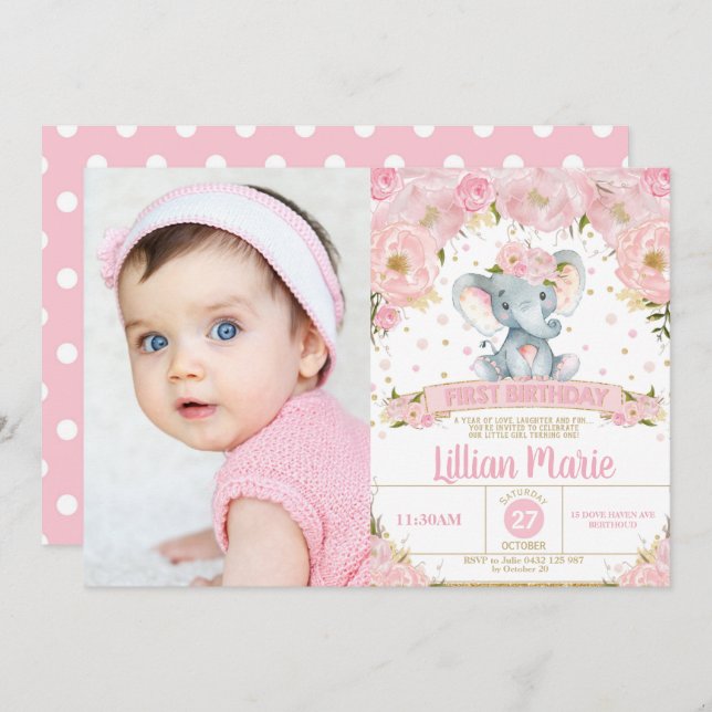 Convite Foto rosa de primeiro aniversario Elefante Floral (Frente/Verso)